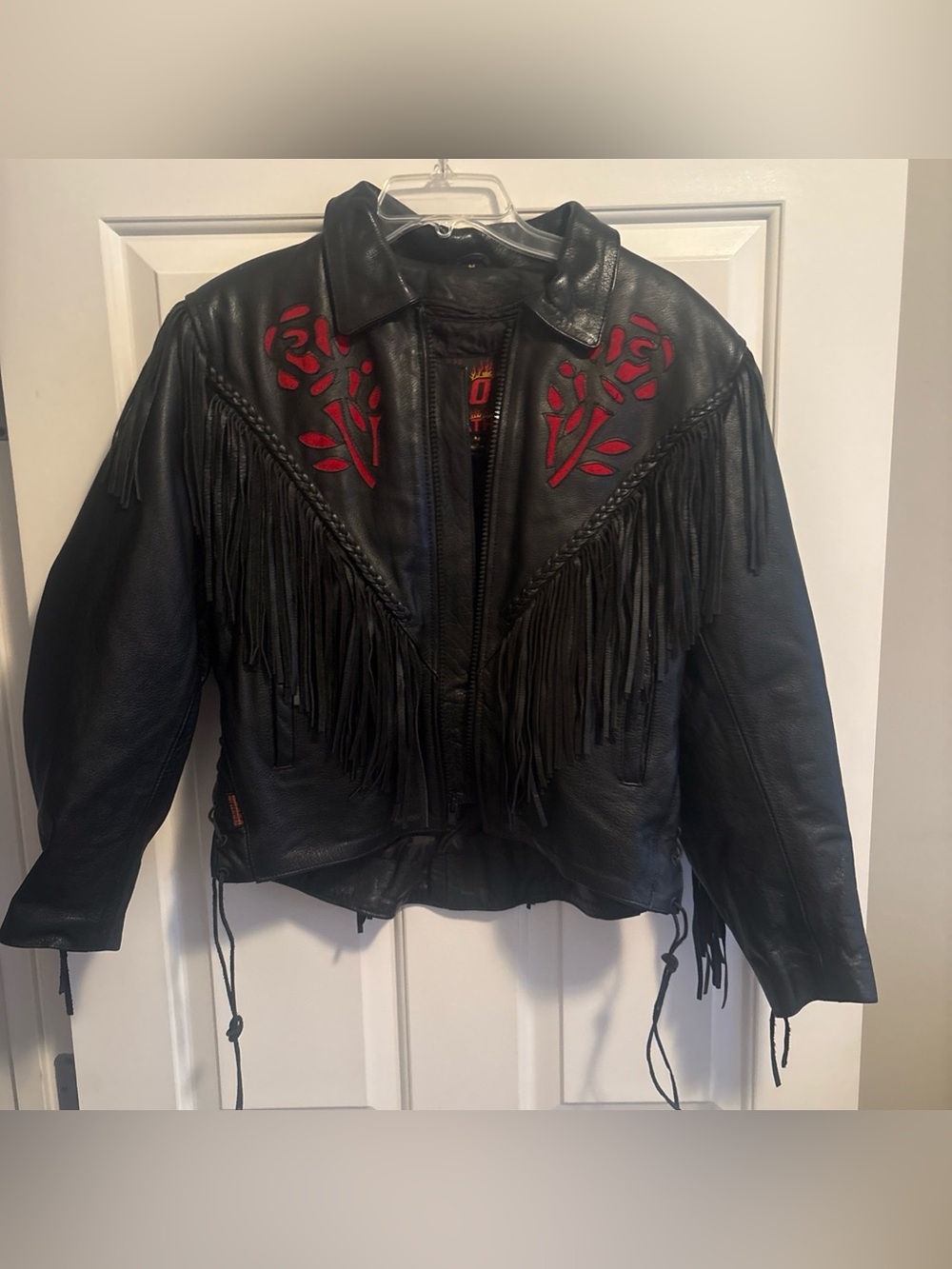 Black Leather Fringe Jacket with Red Rose Embroidery